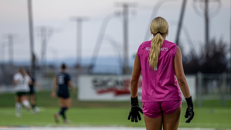 Tenley Leffler stands in goal for the MSUB women's soccer team, pushing the team upfield