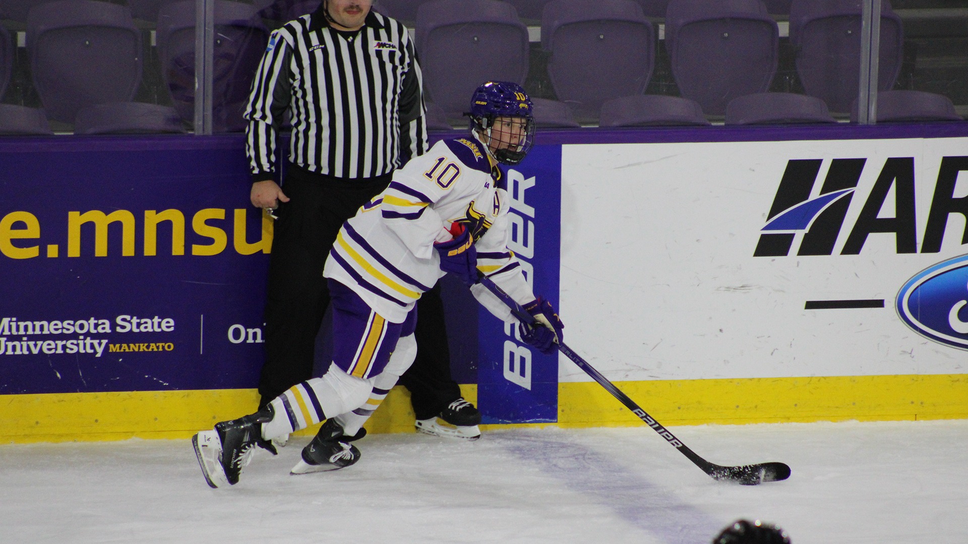 Jamie Nelson brings the puck into the offensive zone during Minnesota State's series with Ohio State (Nov. 22-23)