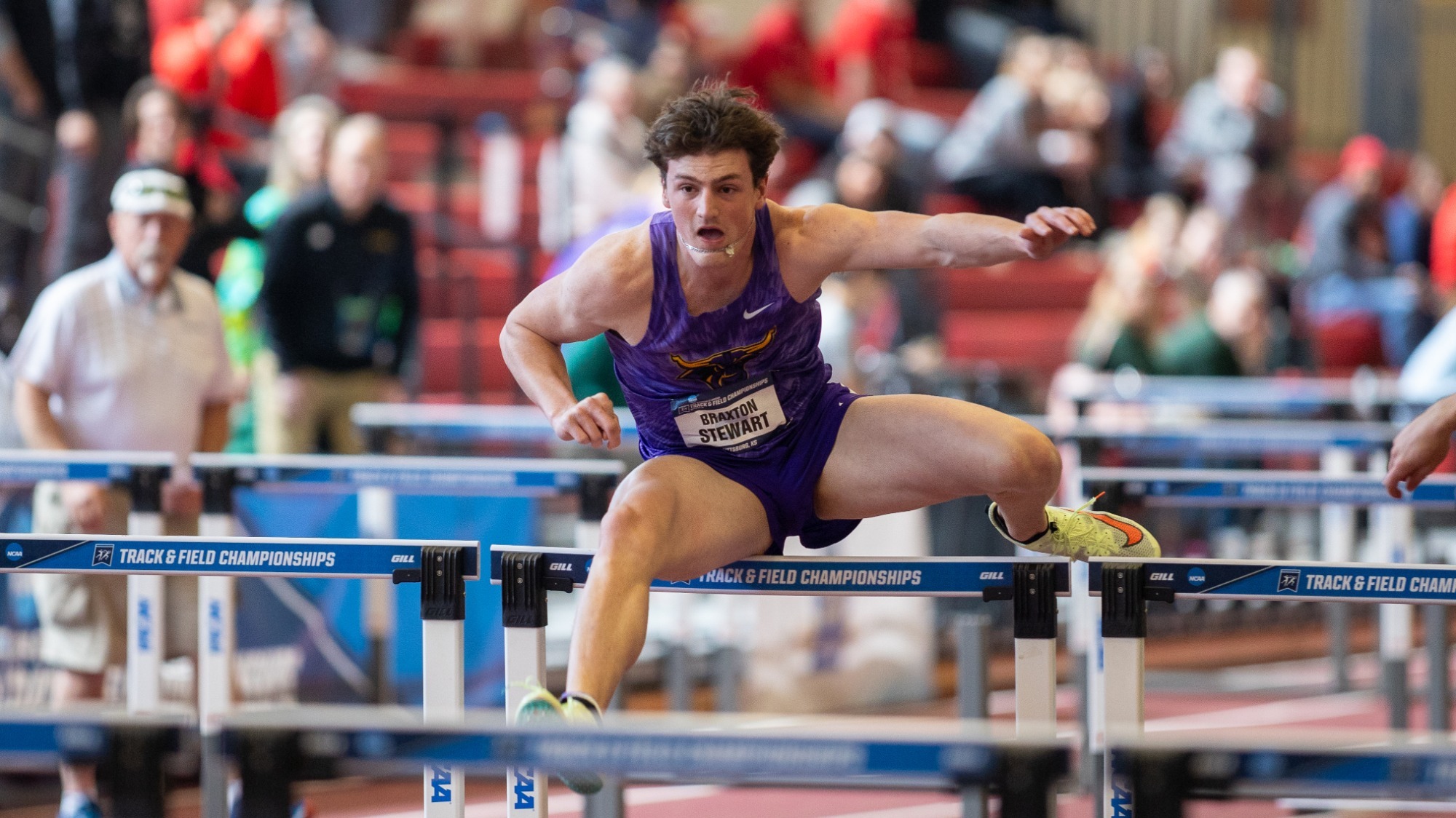 Braxton Stewart clears a hurdle at the NCAA Division II Indoor Track and Field Championships (3.9)