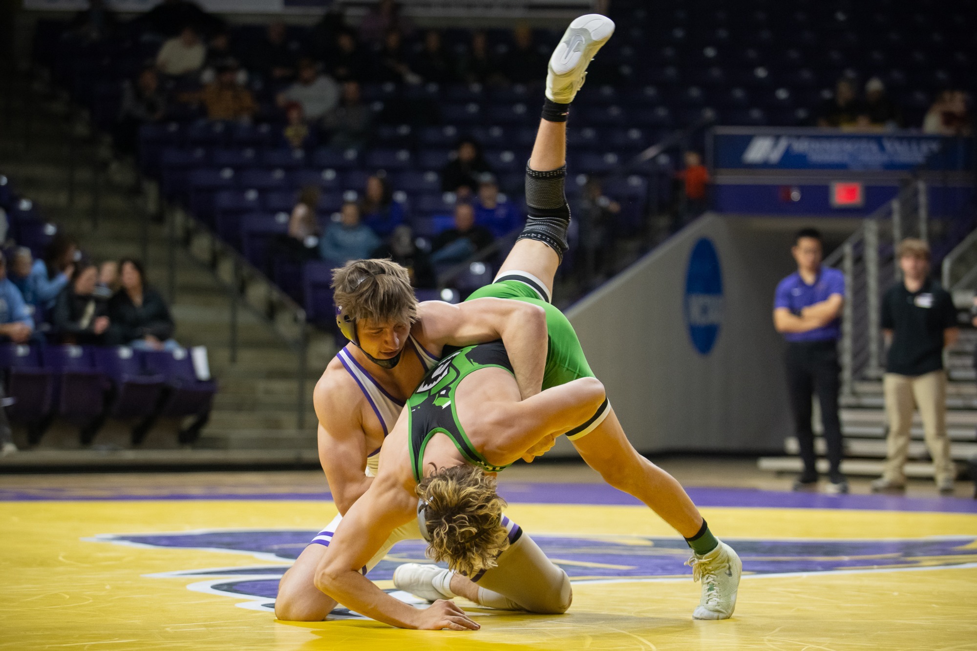 Minnesota State's 157-pounder Caleb Meunier works on a mat return in MSU's 22-20 victory over fourth-ranked UW Parkside (12.12).