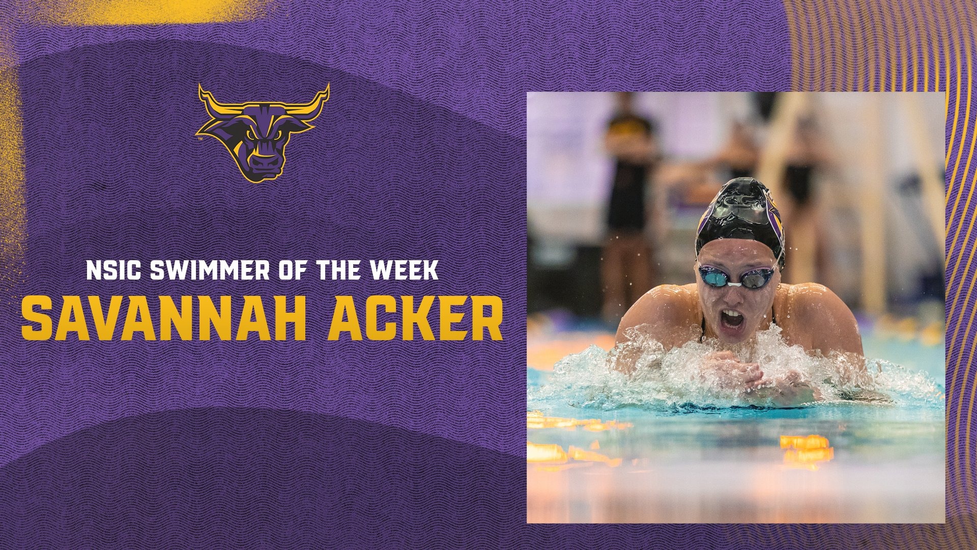 A graphic of Savannah Acker for being named the NSIC Swimmer of the Week