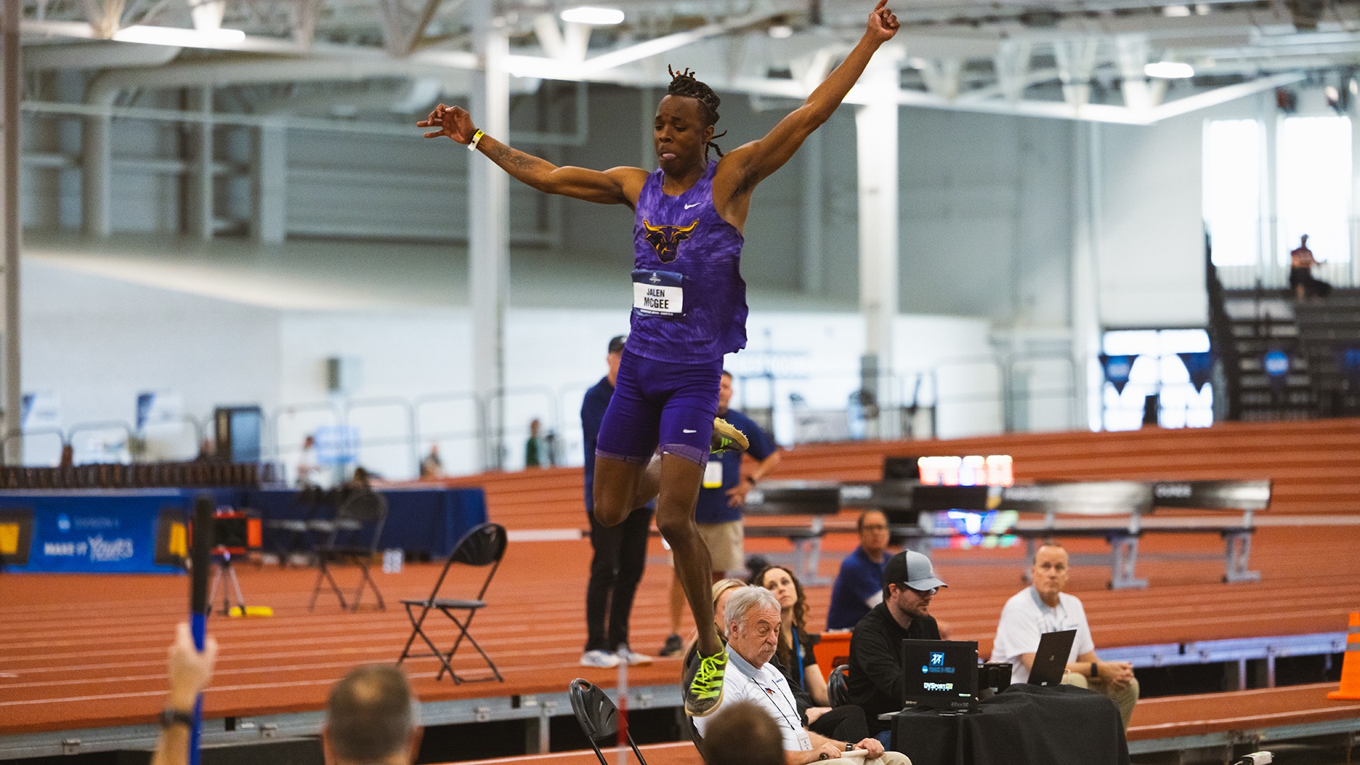 Jalen McGee takes flight in the long jump at the NCAA Division II National Championships in Indianapolis (3.14)