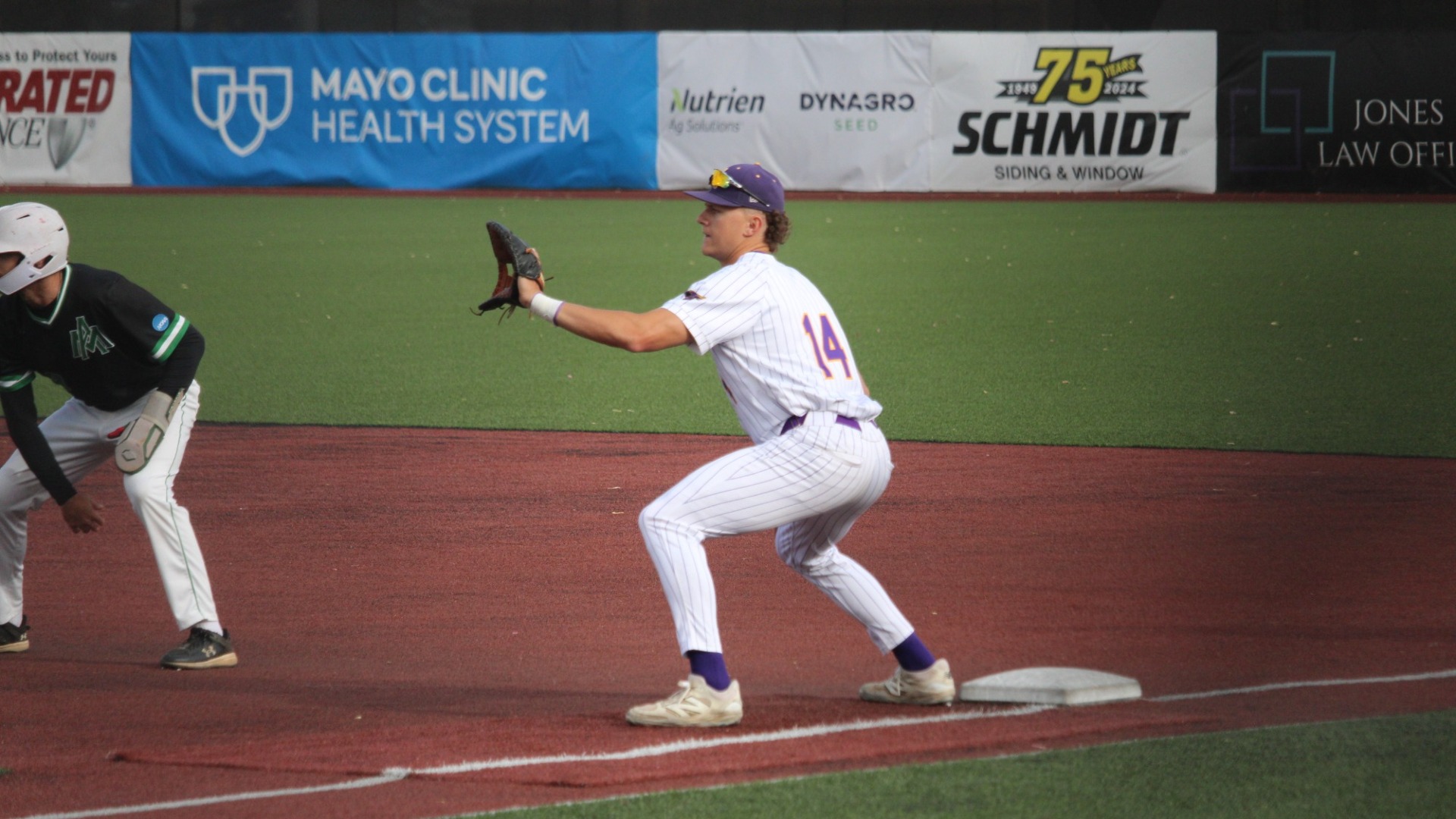 Louis Magers first base holds runner vs. Arkansas Monticello