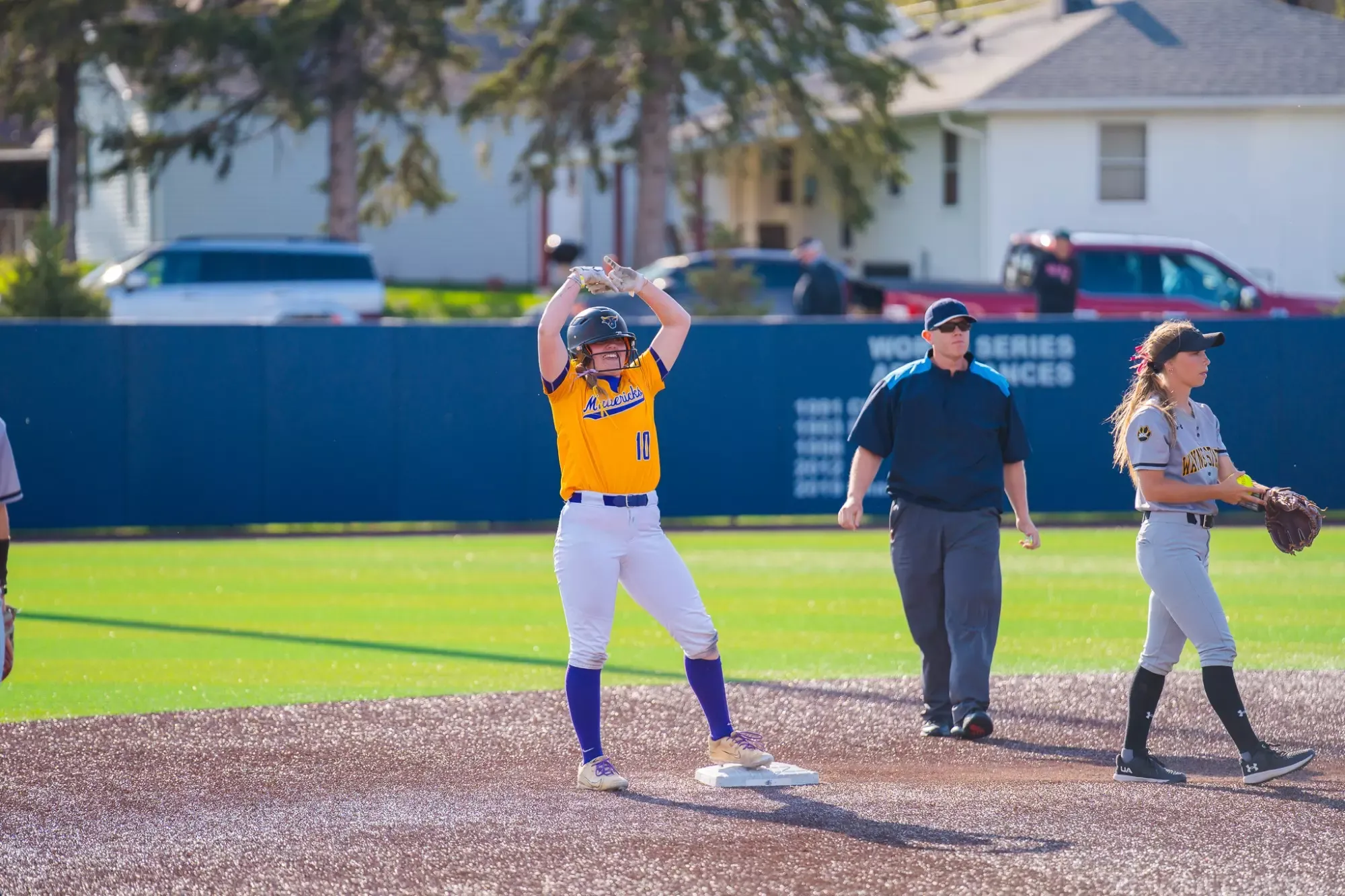 Ryanne Mellum standing on second base after driving in the game tying runs vs. Wayne State