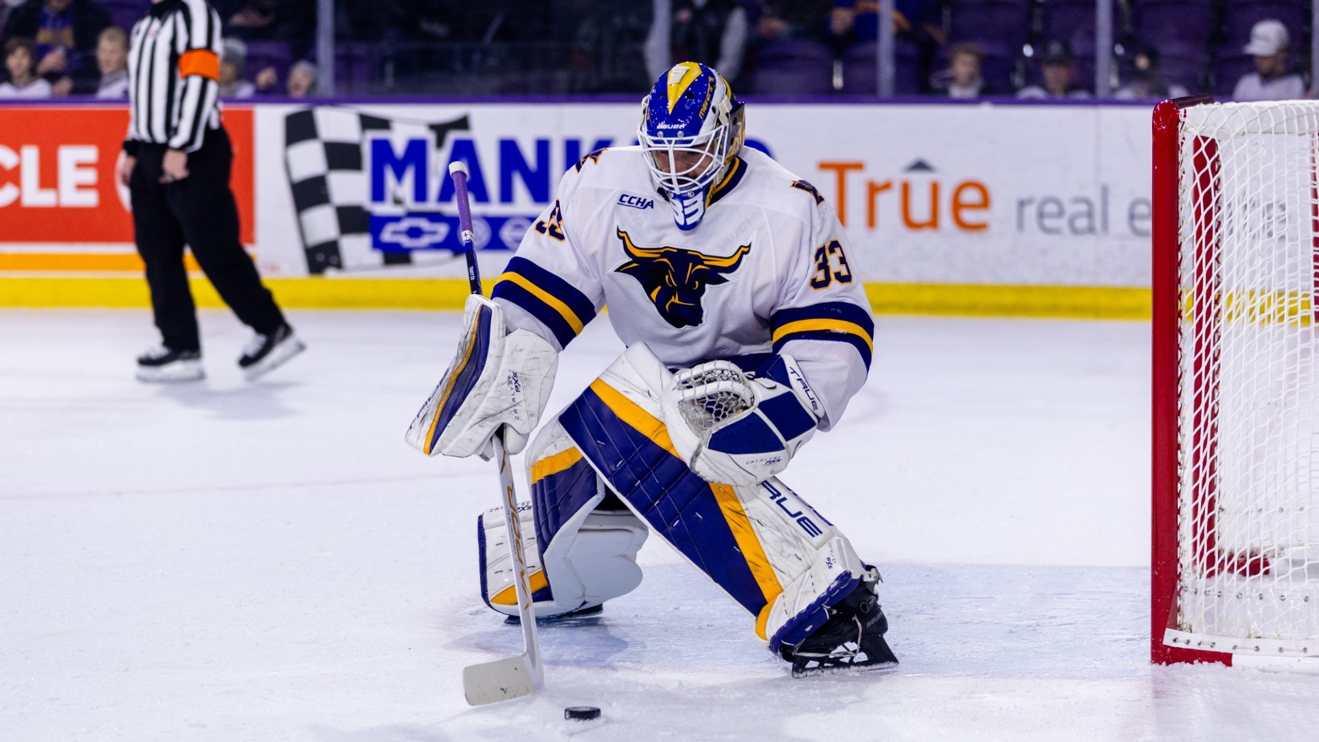 Alex Tracy plays the puck at home in the crease