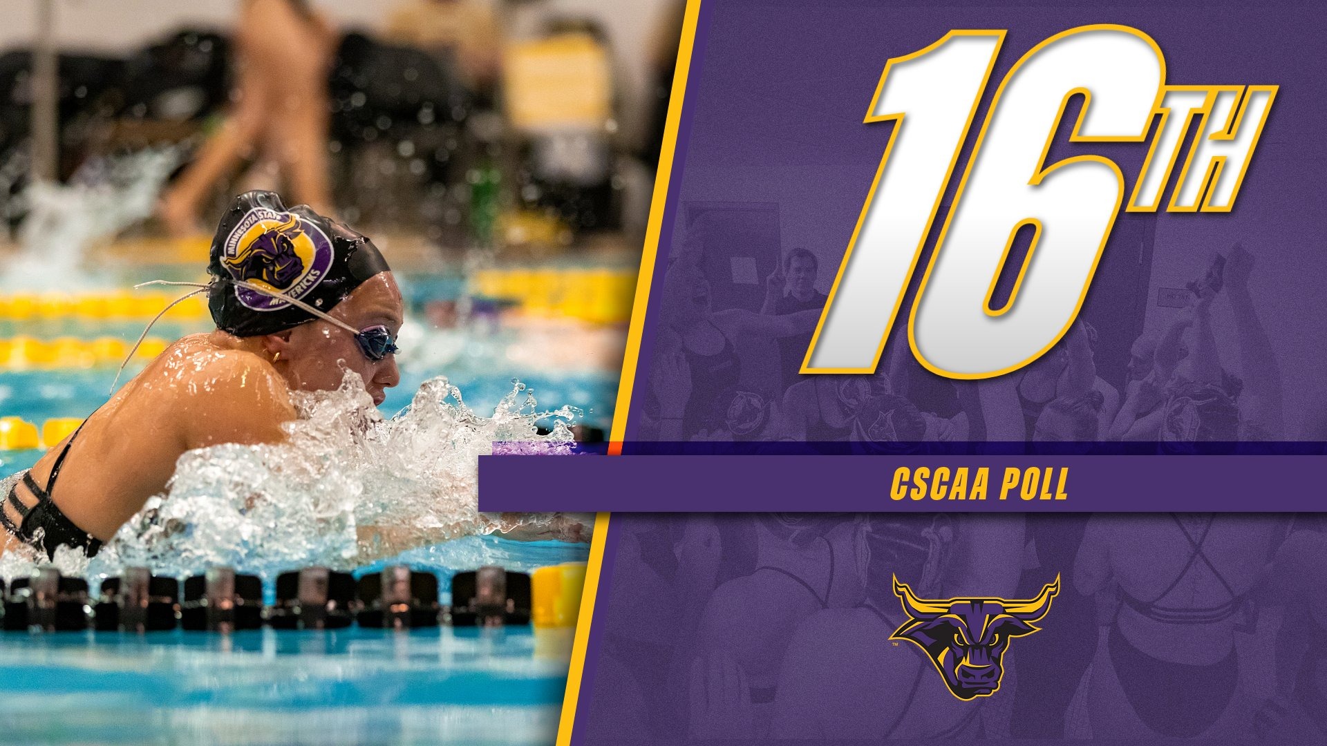 A graphic for the Swimming and Diving team being Ranked 16th in CSCAA Poll