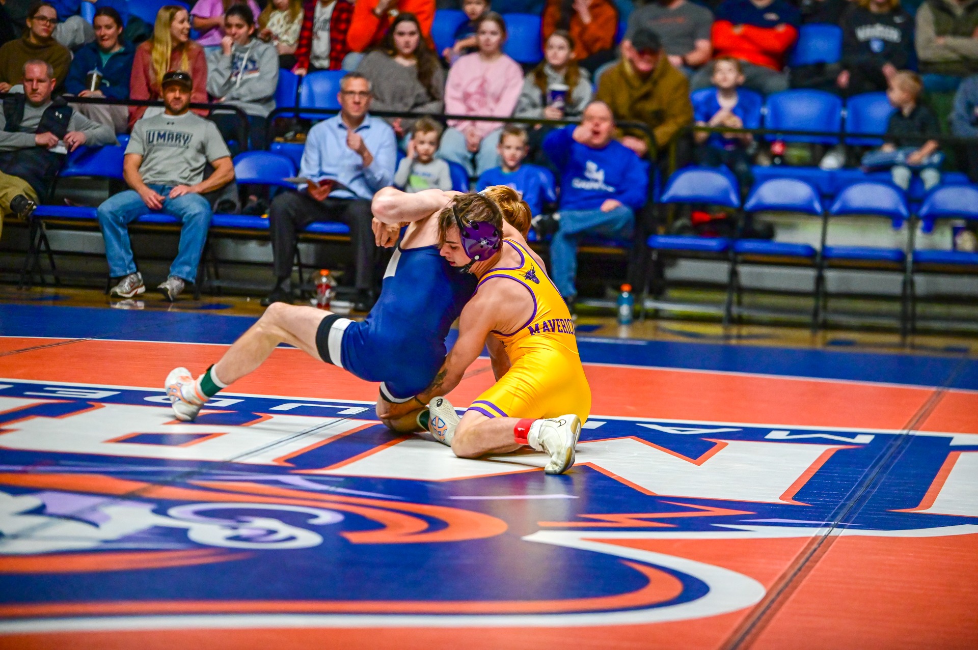 A action photo from Minnesota State's wrestling dual vs. UMary