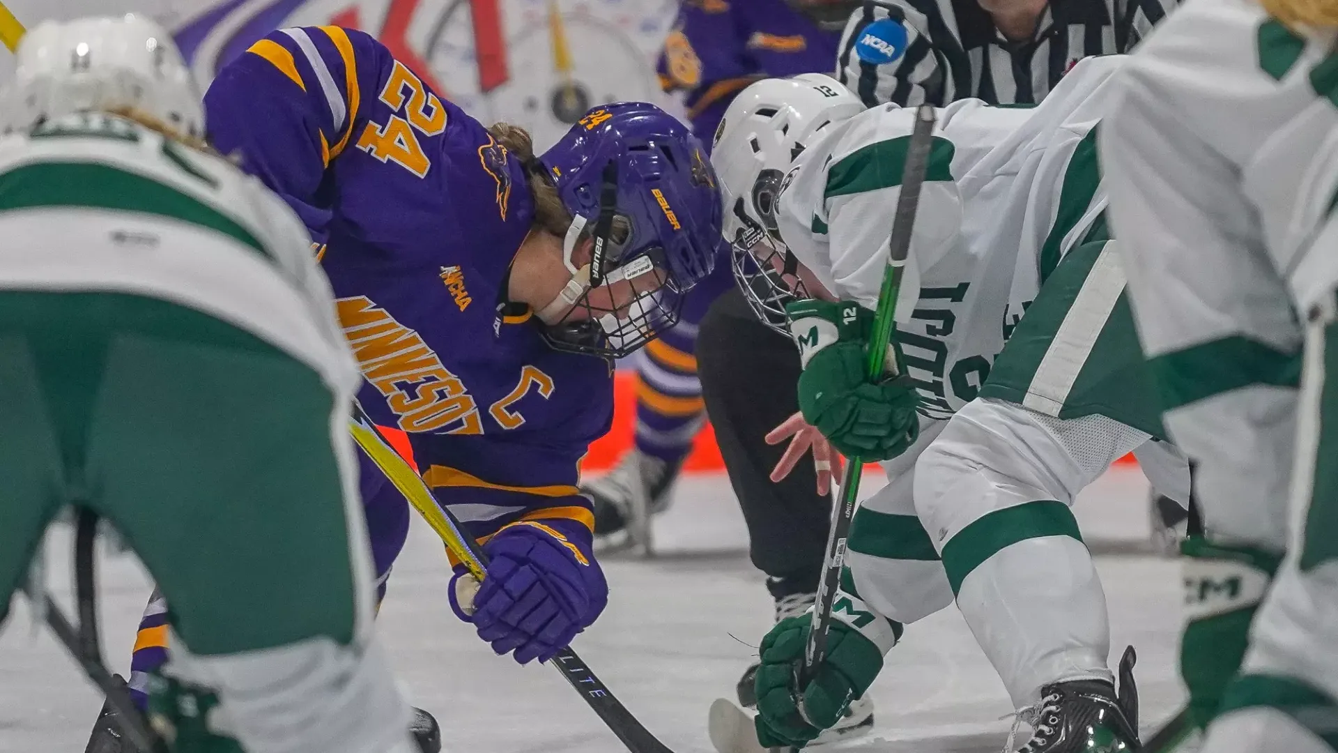 Taylor Otremba in the faceoff vs Bemidji State 
