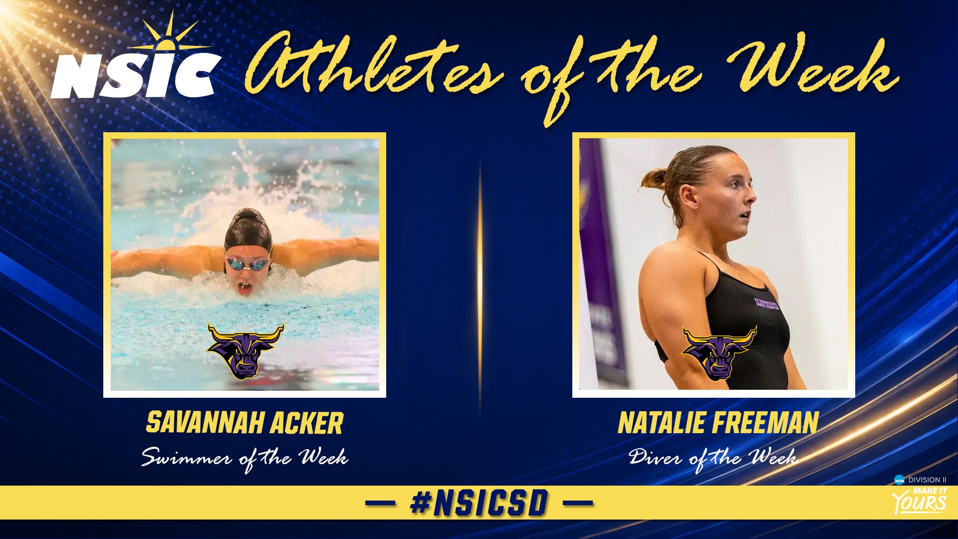 Swimming and Diving NSIC Athletes of the Week Graphic