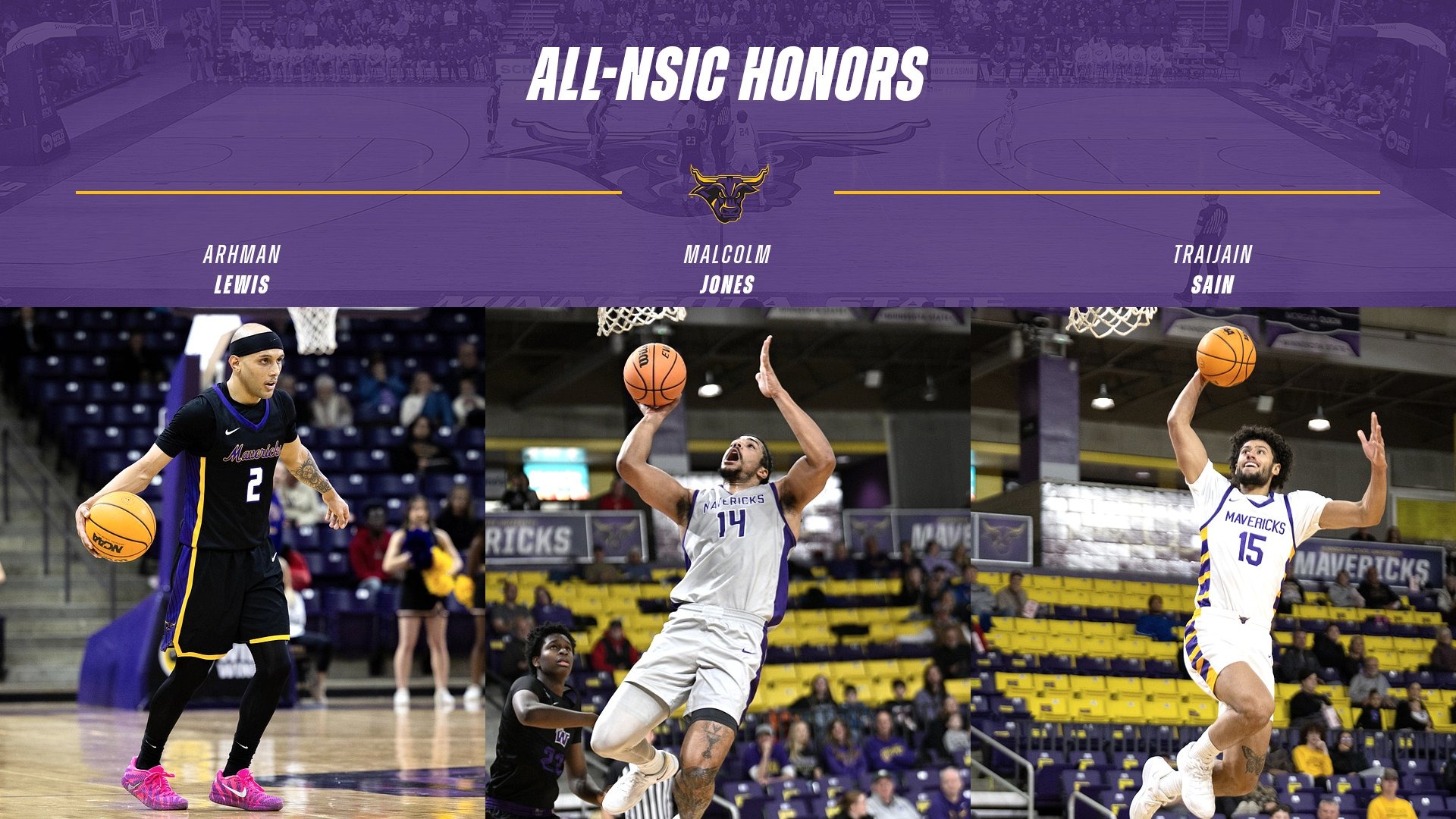 A graphic for the men's basketball teams All-NSIC honorees