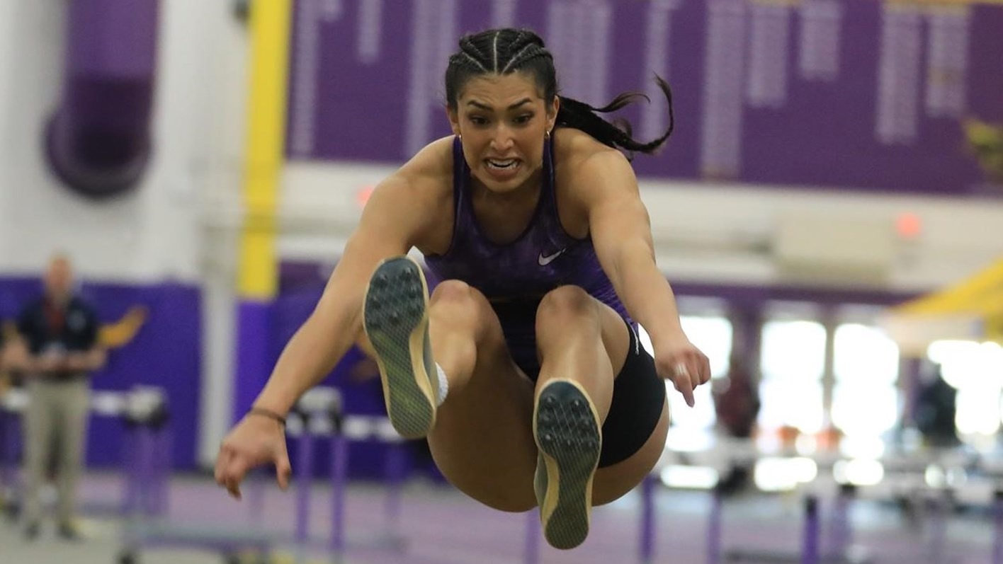 Miranda Lauvstad long jump at NSIC Championships - MSU and meet record