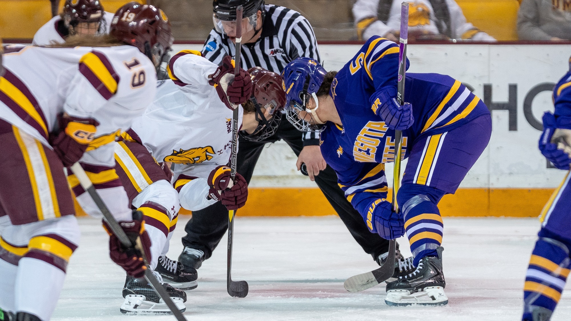 Sophie Stramel  preps for a faceoff during Minnesota State's game against Minnesota Duluth (2.27) in the WCHA Playoffs.
