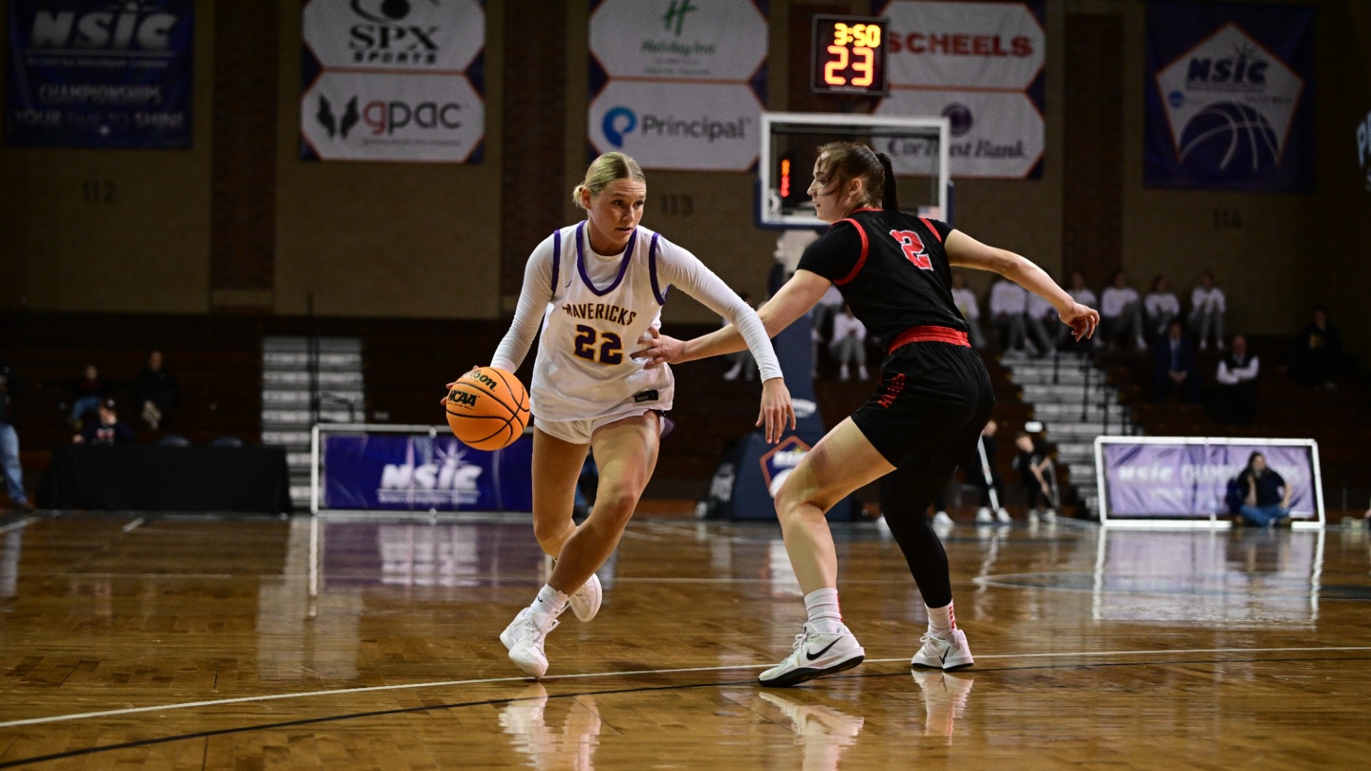 Mackenzie Schweim controls the ball against St. Cloud State at the NSIC Tournament Quarterfinals match inside the Sanford Pentagon