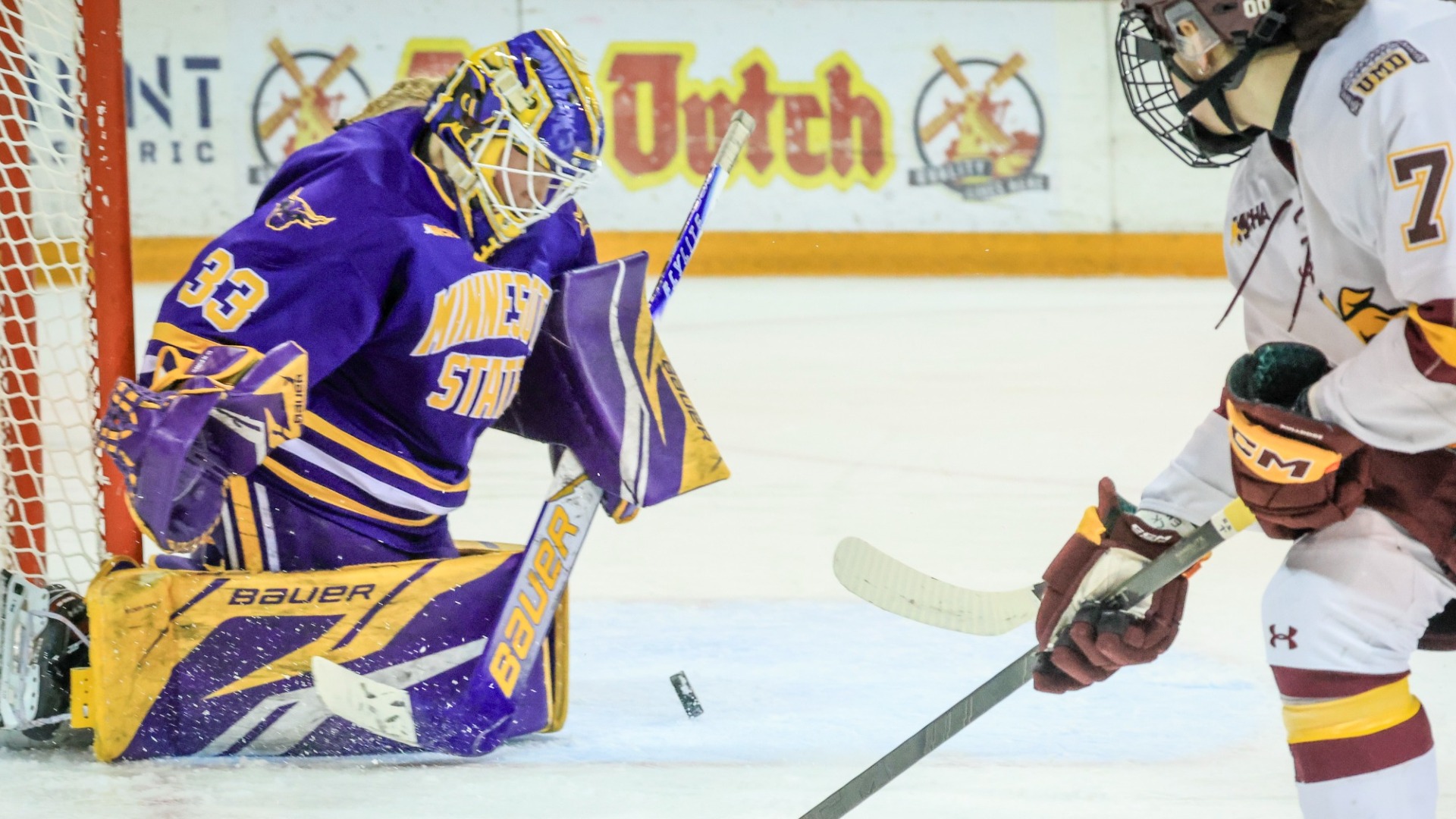 Hailey Hansen saving a shot from Minnesota Duluth