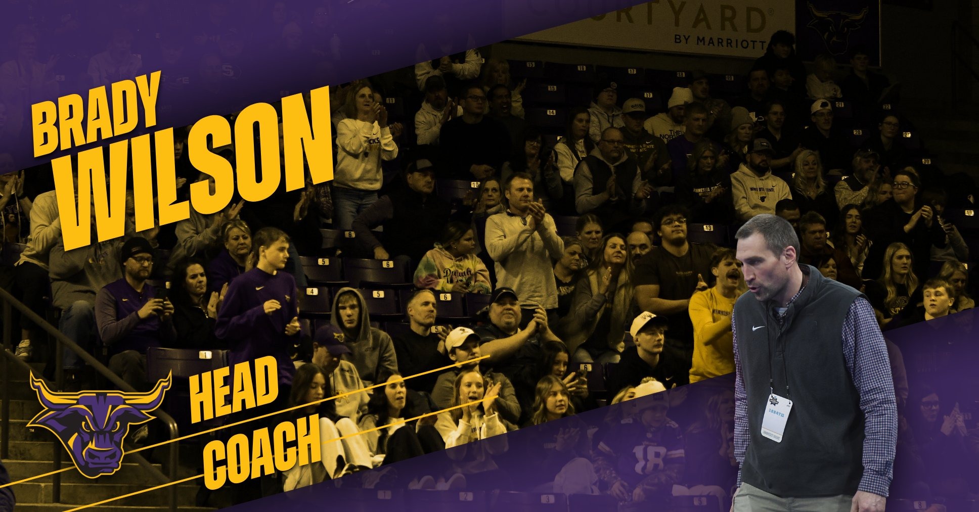A graphic of a crowd cheering in the background with new Minnesota State wrestling coach Brady Wilson in the foreground