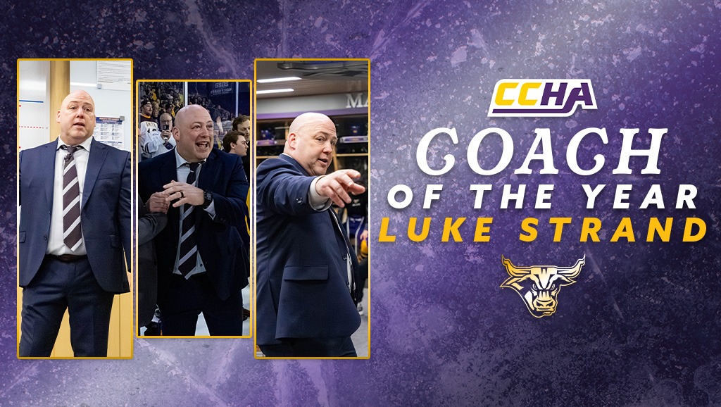 A graphic for Luke Strand as CCHA Coach of the Year
