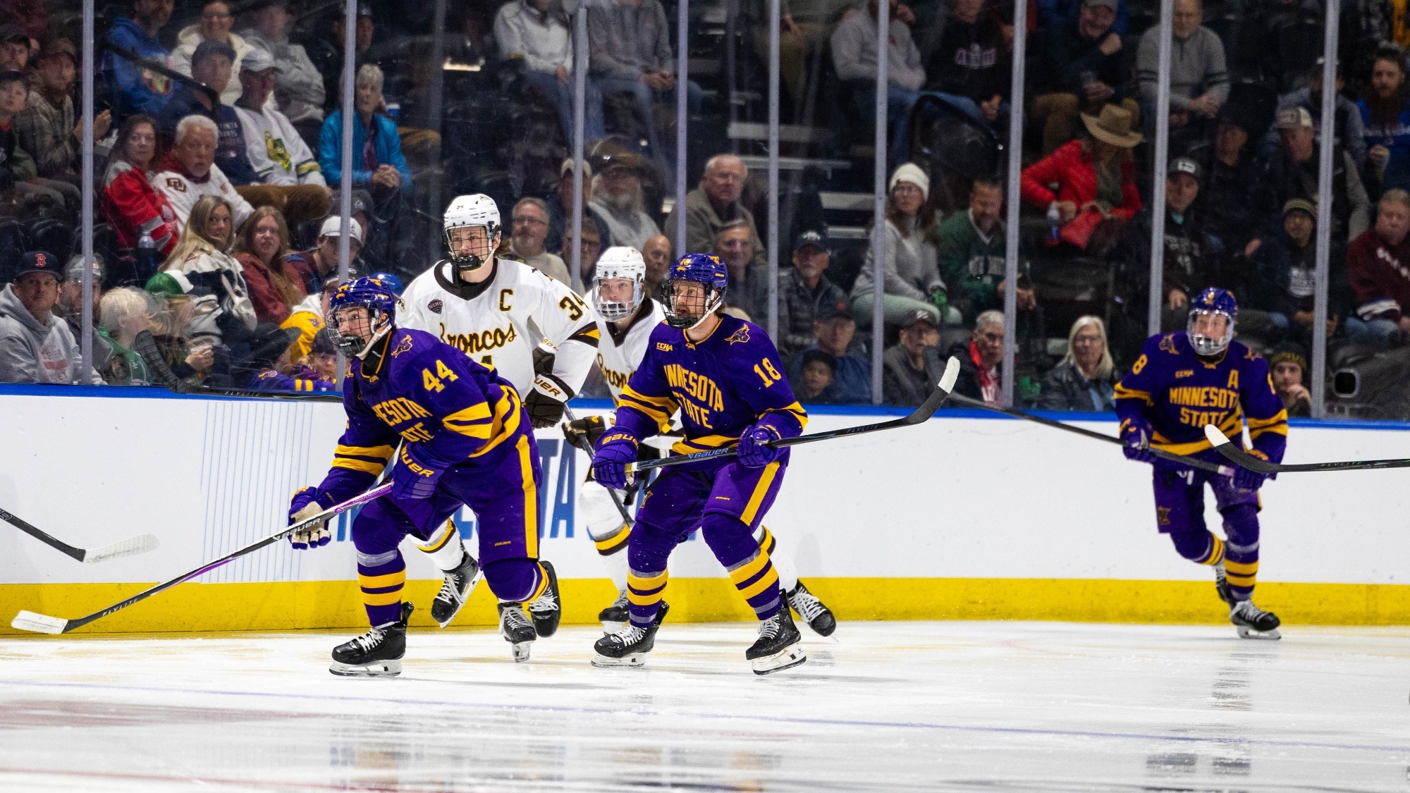 Reid Morich leads the charge as Minnesota State brings the puck up the ice against Western Michigan (3.27) in the NCAA tournament.