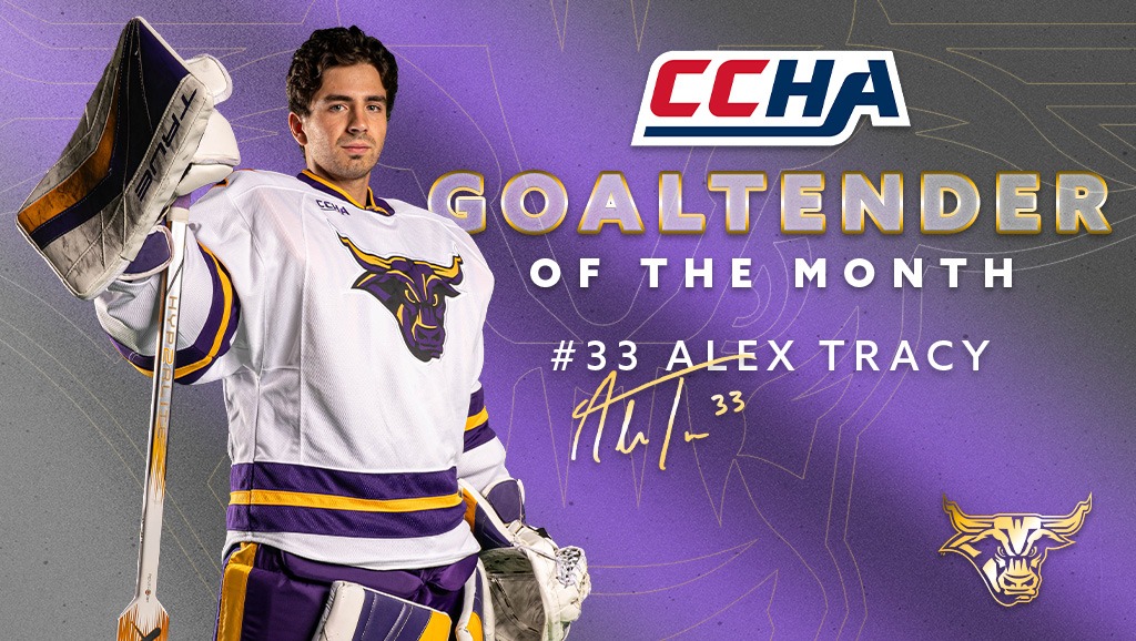 A graphic of the Alex Tracy as the CCHA Goaltender of the Month