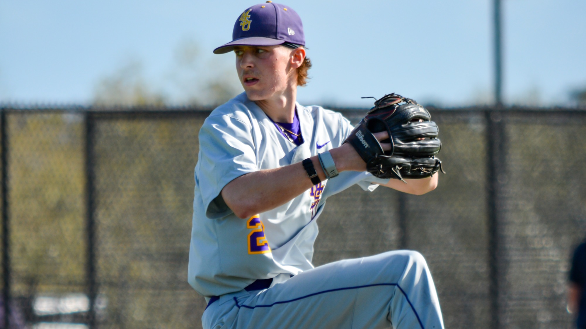Sam George delivers a pitch during MSU's game against Saginaw Valley (3.5)