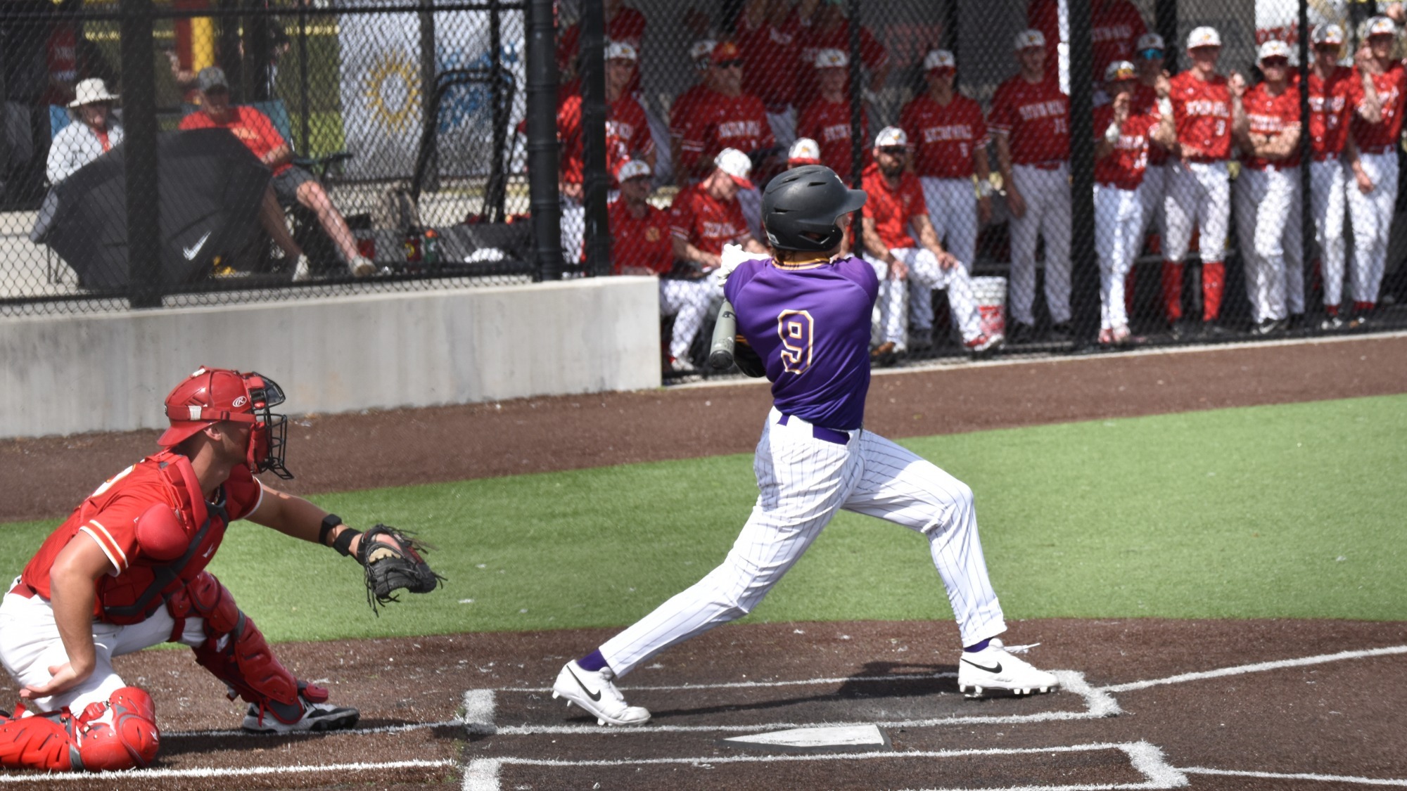 Charlie Schau swings a pitch during MSU's game against Seton Hill (3.6).