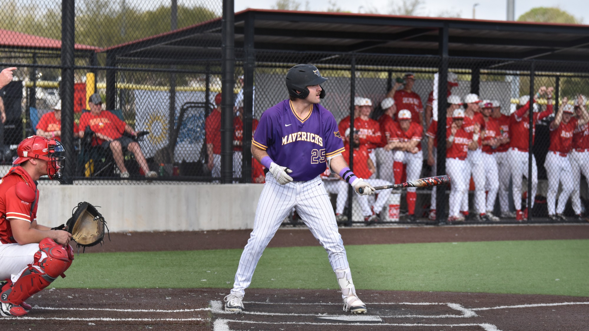 Pambos Nicoloudes awaits a pitch during MSU's game against Seton Hill (3.6).