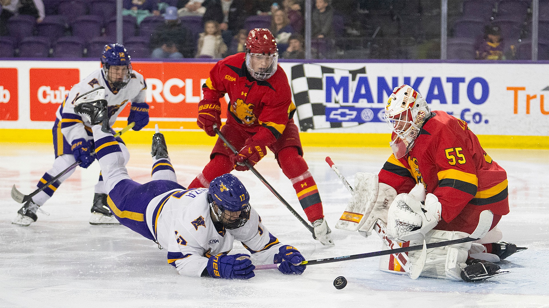 Ean Somoza dives to try and score against Ferris State on Saturday.
