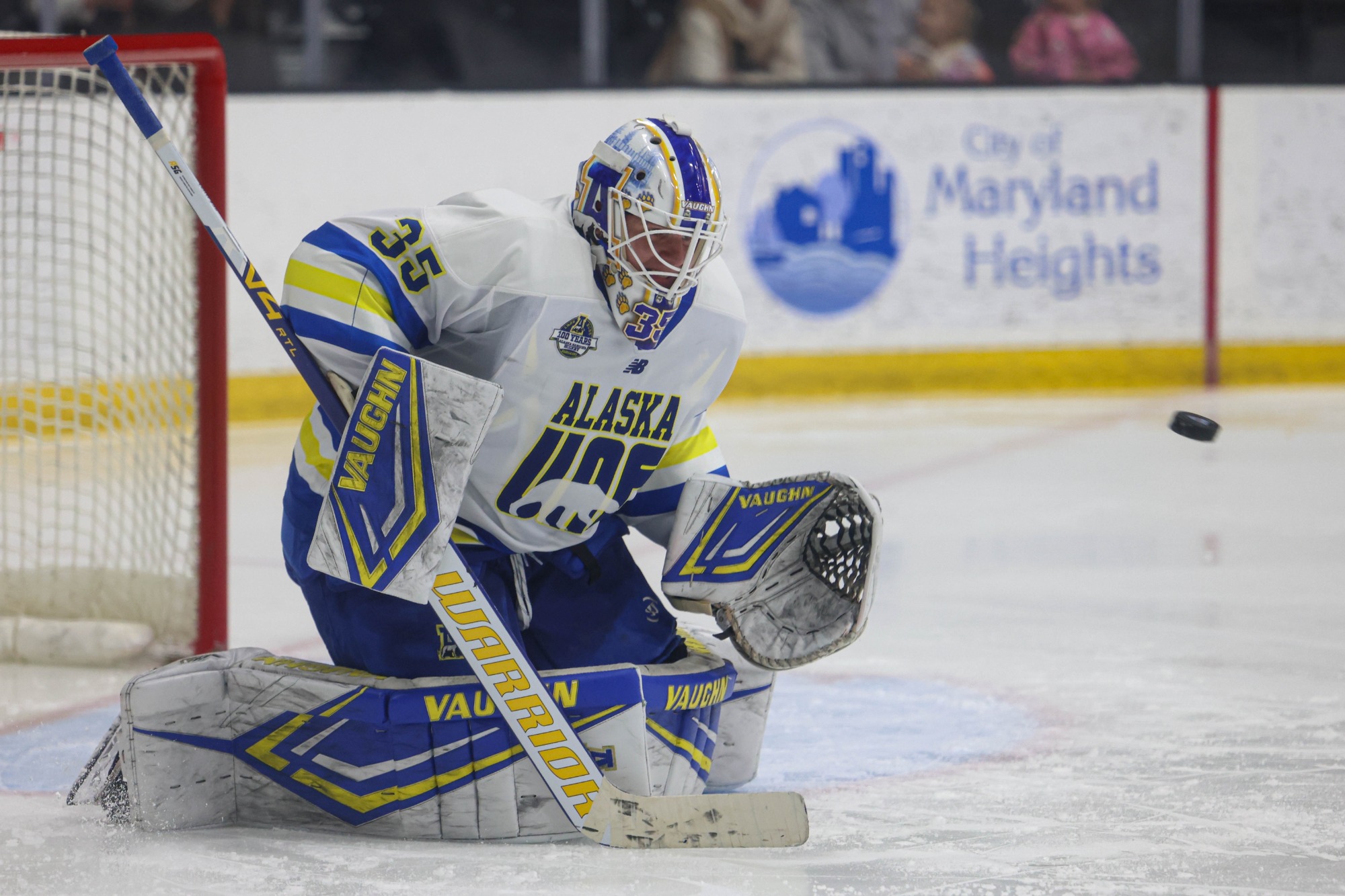 Lassi Lehti makes a save at Alaska