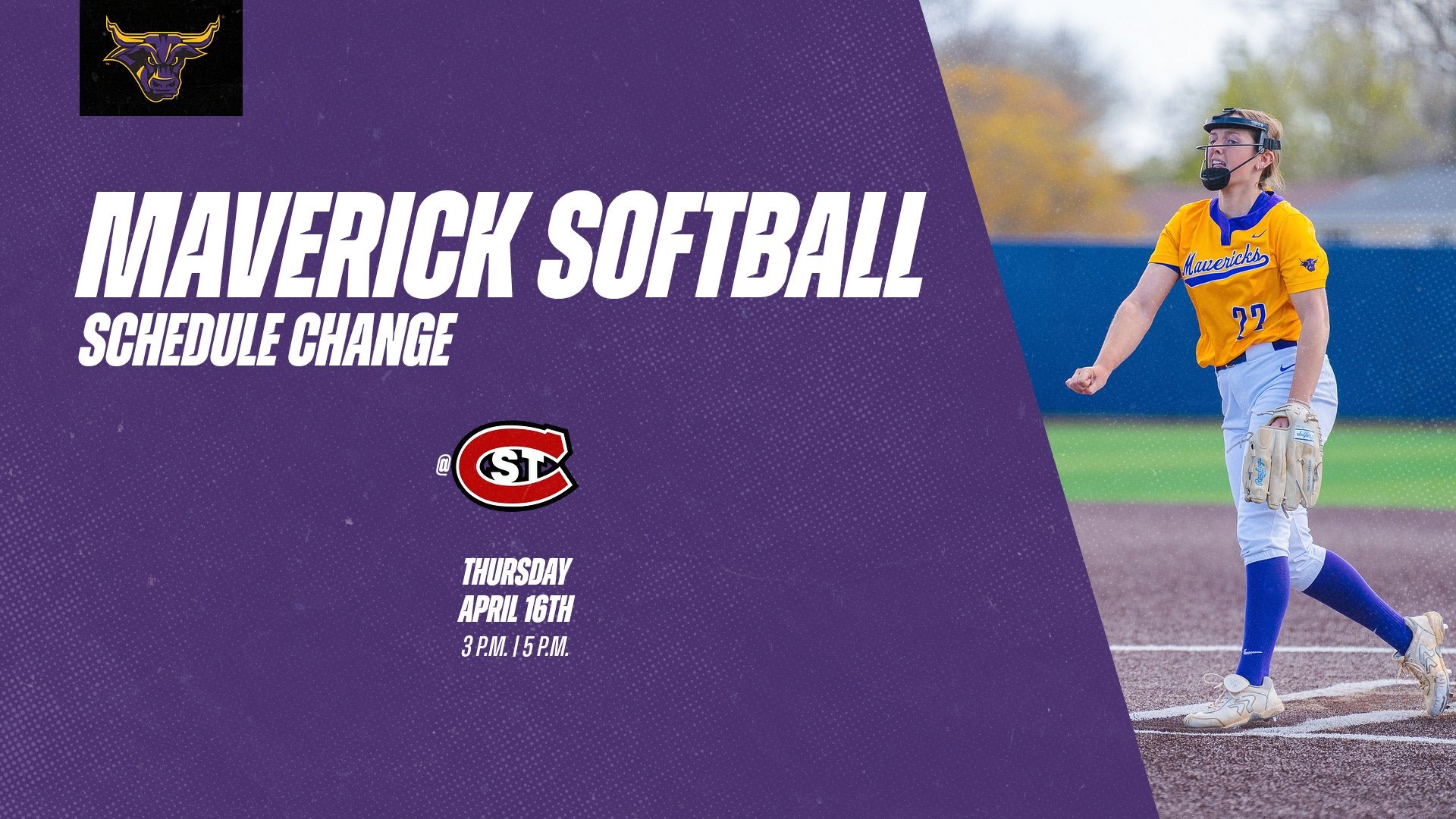 Maverick Softball game change vs. St. Cloud State graphic: Games scheduled for April 16th at 3 p.m. and 5 p.m.