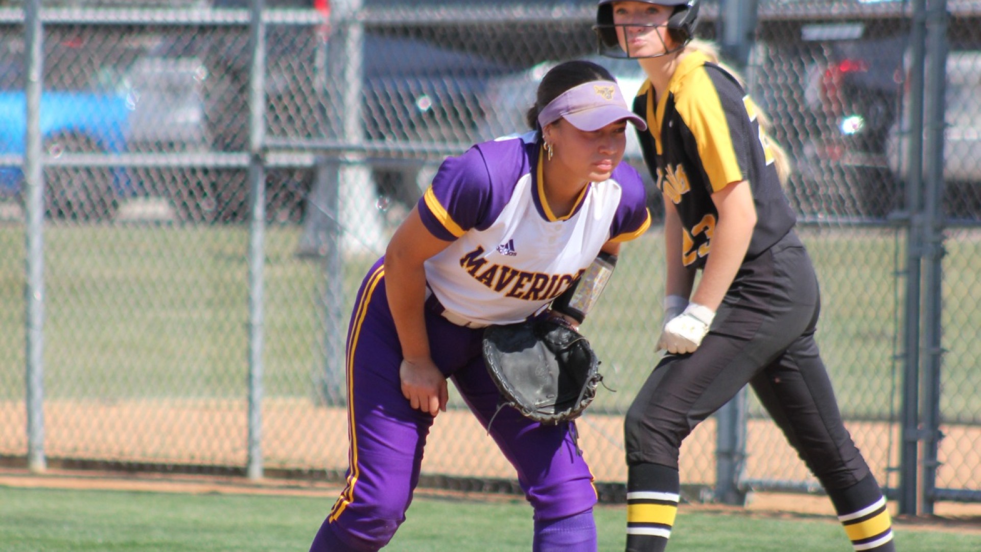 Gianna Lara stands ready for the play at first base