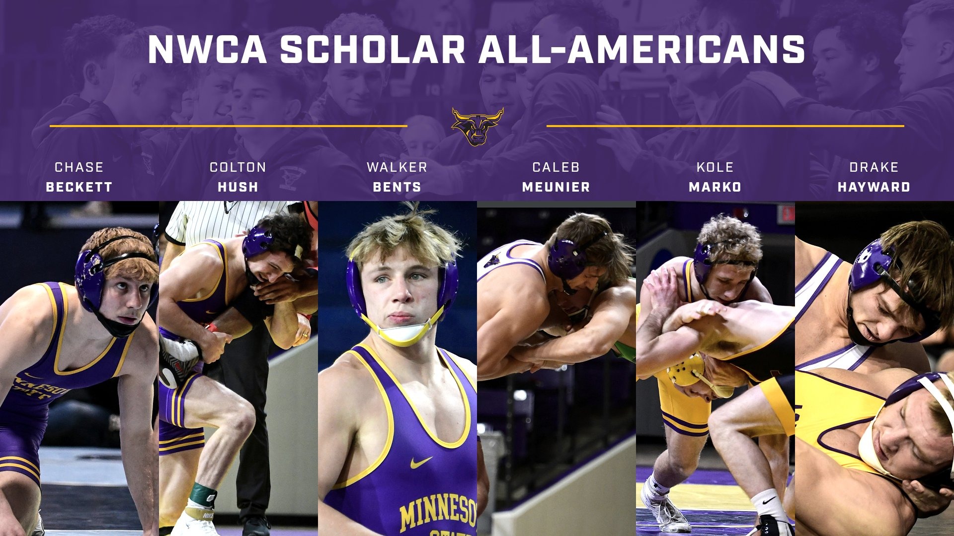 A graphic for the Minnesota State wrestlers who received NWCA Scholar All-American honors