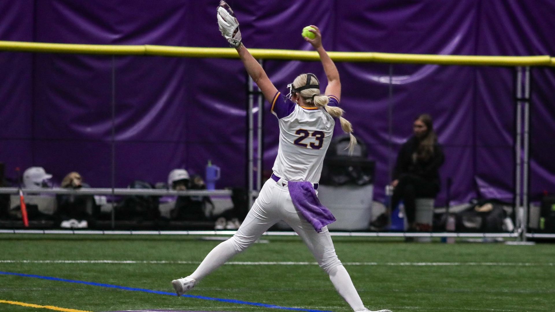 Jorey Fry pitches inside the Maverick All-Sports Dome against SMSU