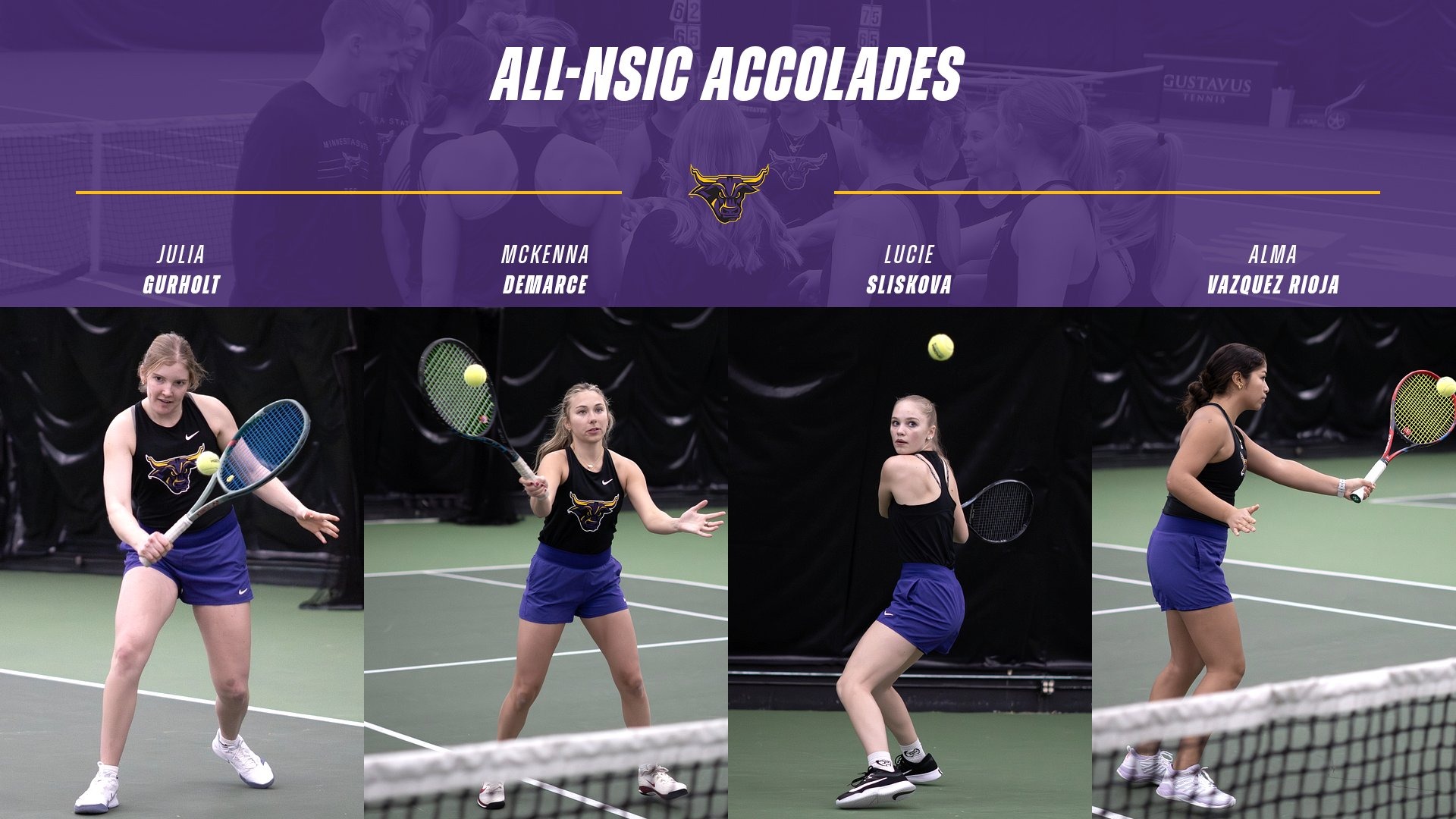 A graphic for the women's tennis team's All-NSIC honorees