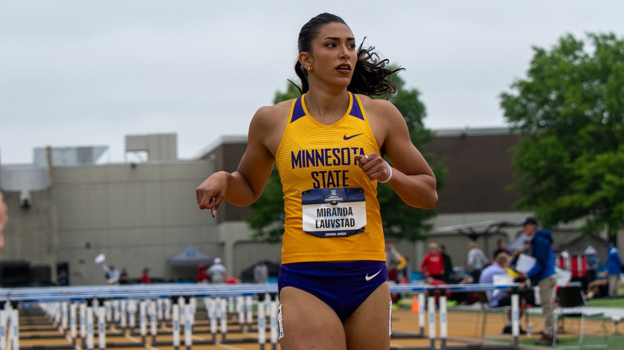Miranda Lauvstad after competing in the 100m hurdles in the heptathlon at the NCAA Championships