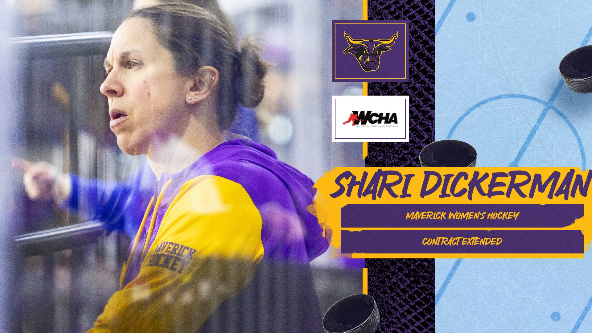 A graphic annoucing the contract extension for women's hockey coach Shari Dickerman