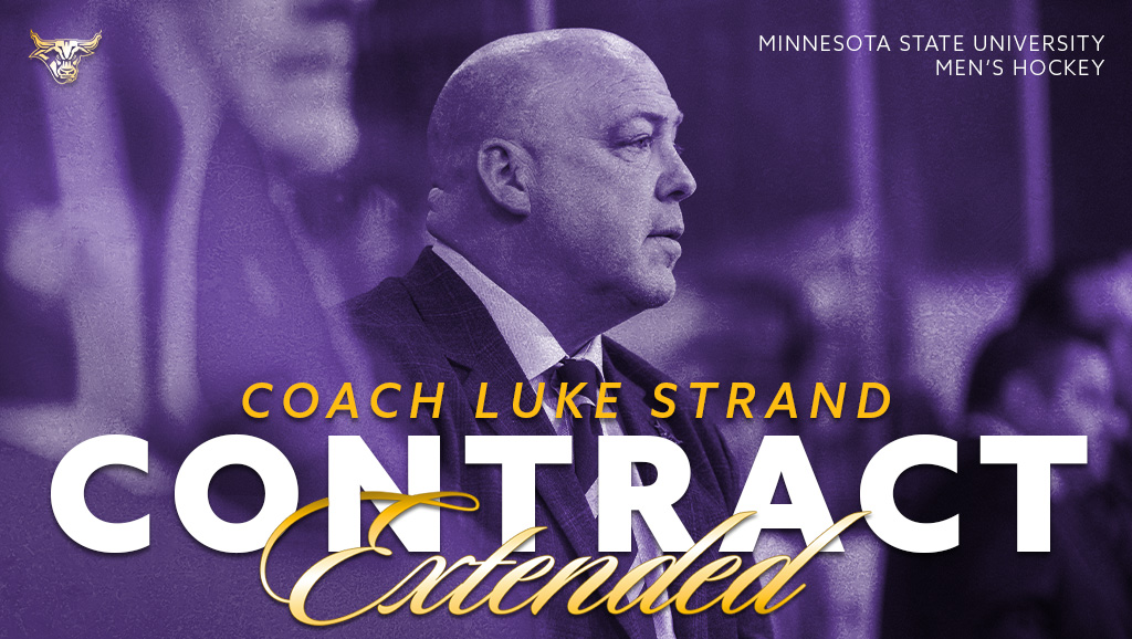 A graphic annoucing the contract extension for men's hockey coach Luke Strand