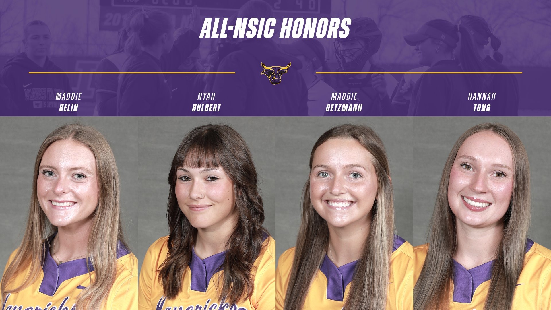 A graphic for the 2026 softball players who earned All-NSIC honors