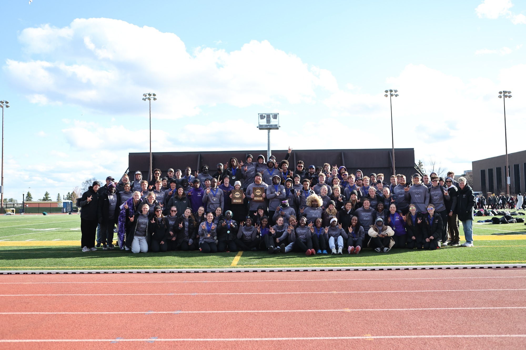 A photo of the Men's and Women's Track and Field Teams after winning the 2026 NSIC Outdoor Championships