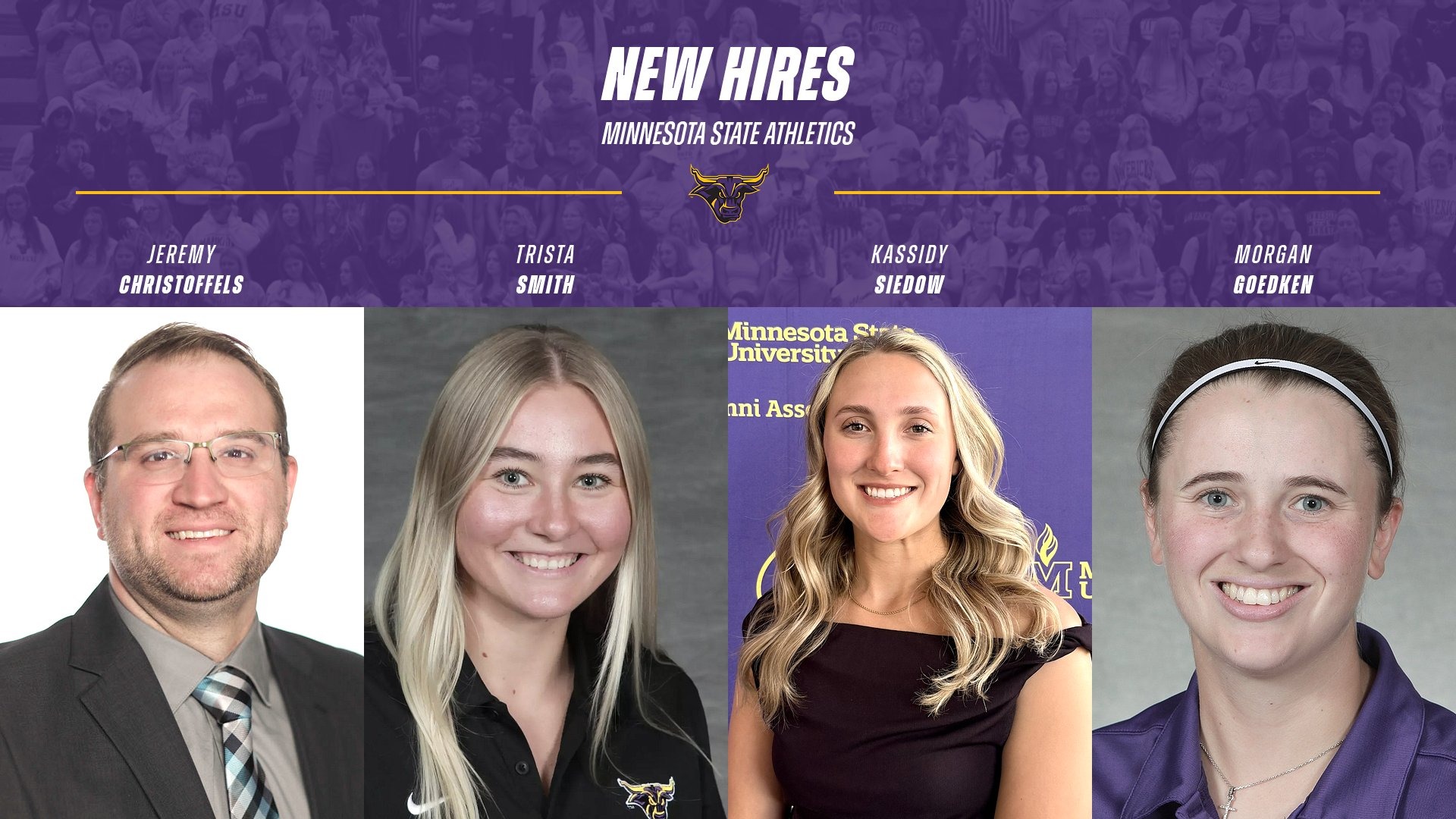 A graphic for new hires Christoffels, Smith, Siedow and Goedken