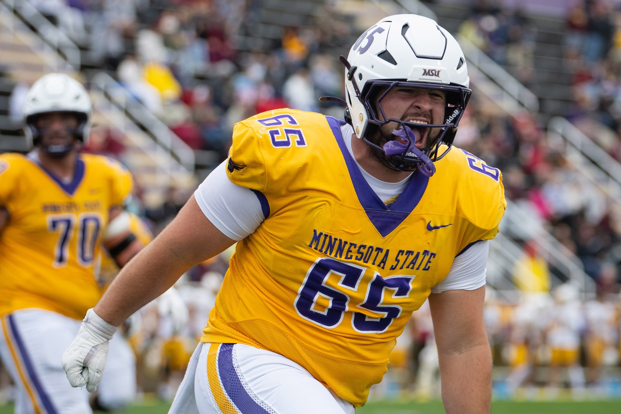 Maverick offensive lineman  Josh Witt celebrates a touchdown during the Maverick game against Northern State (9.19).