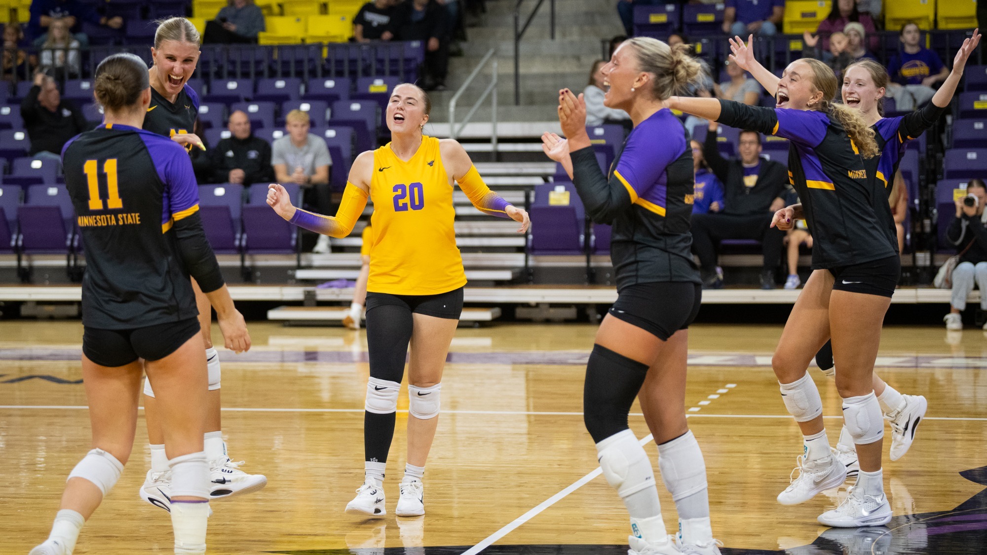 The Mavericks celebrate a point in their win over Winona State (9.26)