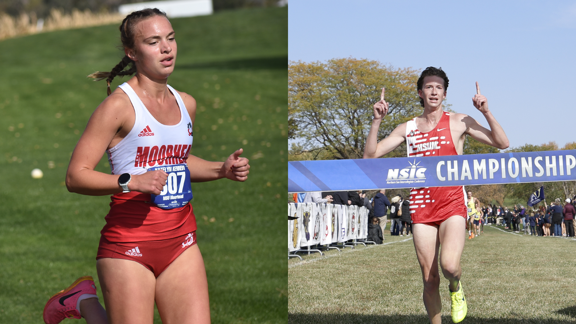 Katelyn Kennedy and Jared Gregoire were MSUM's top finishers at the 2025 NSIC Cross Country Championships. Gregoire won the individual conference championship.
