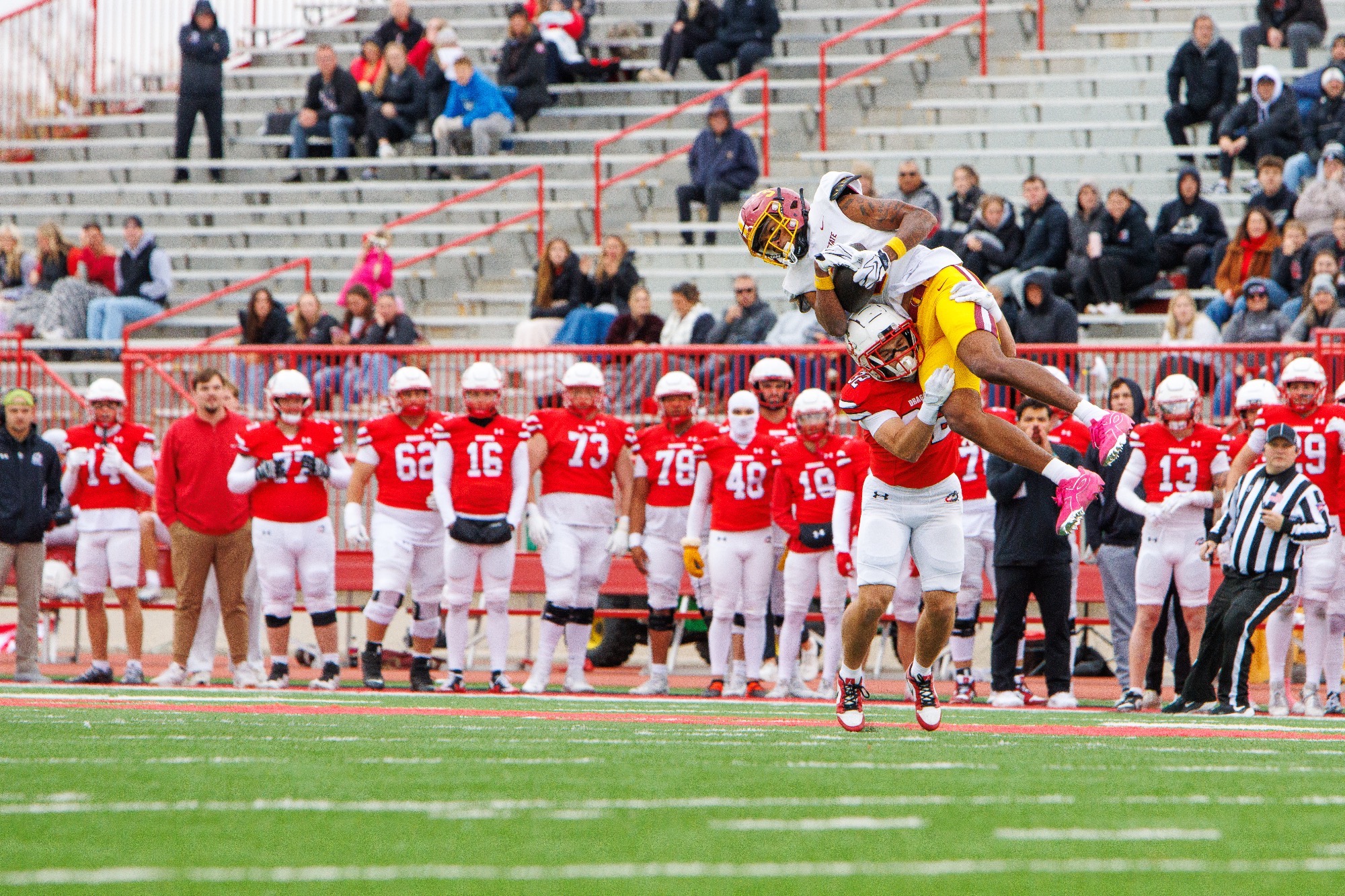 Micah Runion makes a tackle against Northern State on Saturday