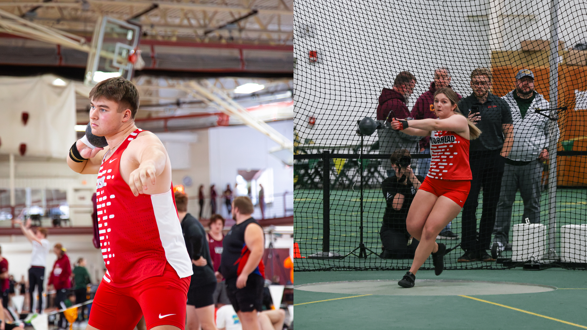 Justin Jacobson (left) and Kiley Kranz (right) paced the MSUM throws group at the UND Tune-Up