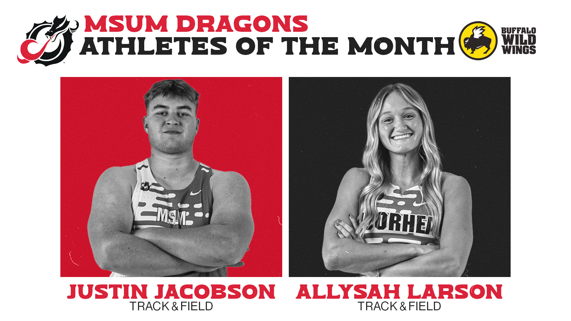 Student-Athletes of the Month for April 2026 - Track & Field's Justin Jacobson (left) and Allysah Larson (right)