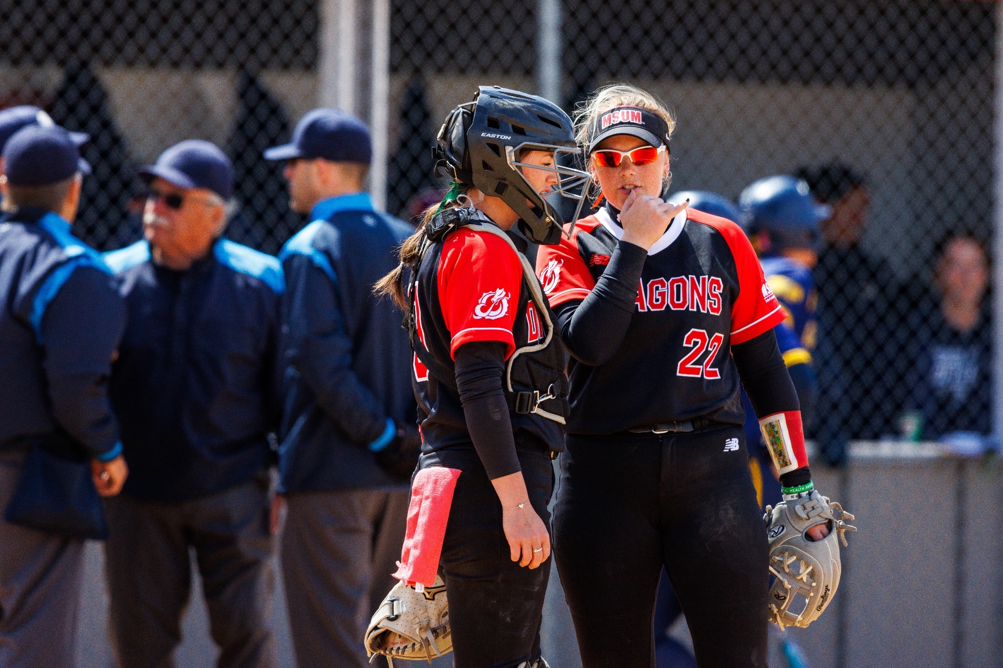 Seniors Lexie Wilson (right) and Teagan Pranchke (left) combined for five hits in a doubleheader against MSU on Sunday. 