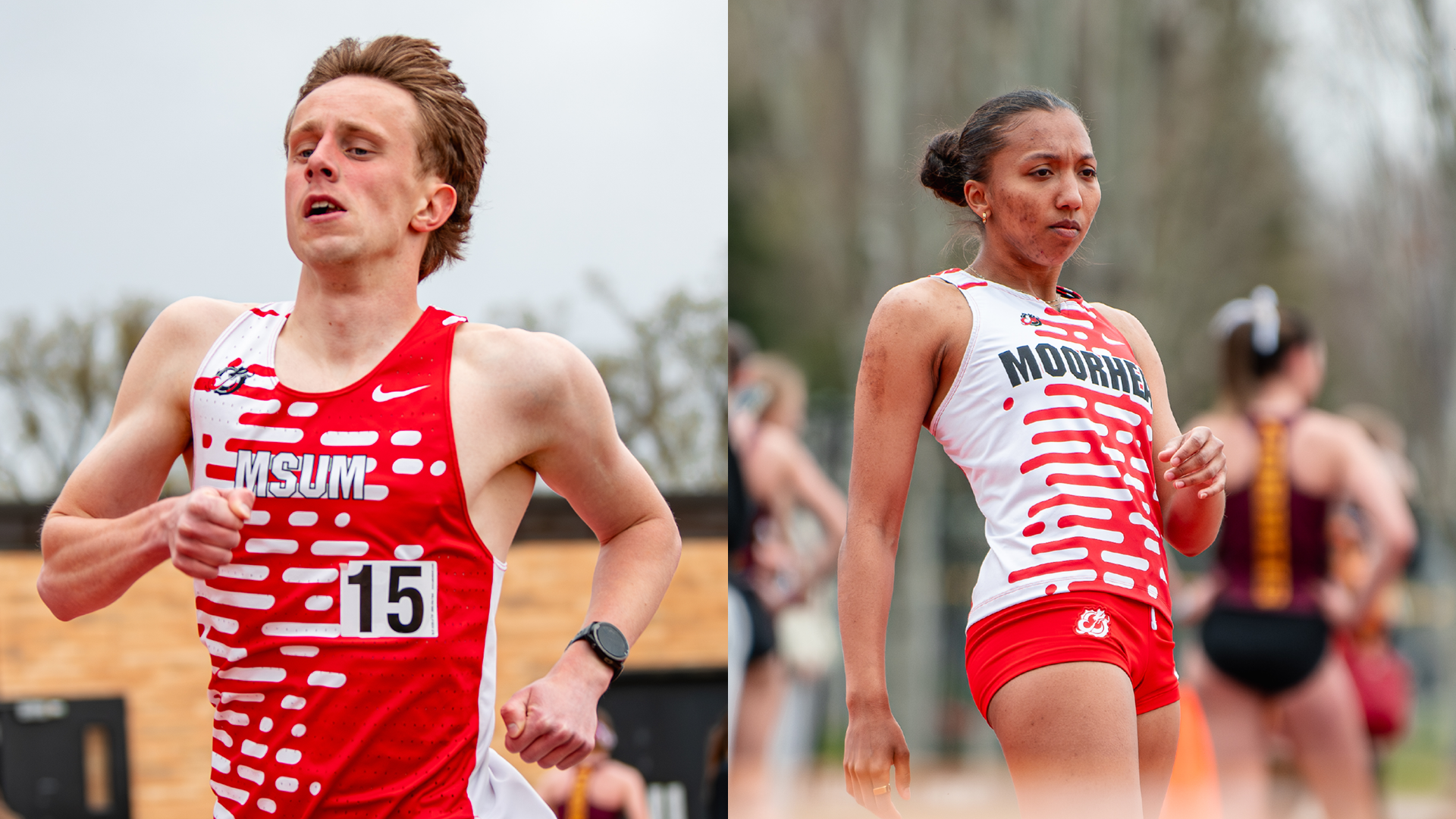 Janis Riekstins (left) and Hunter Petersen (right) were among MSUM podium finishers at the NSIC Outdoor Championships on Friday. 
