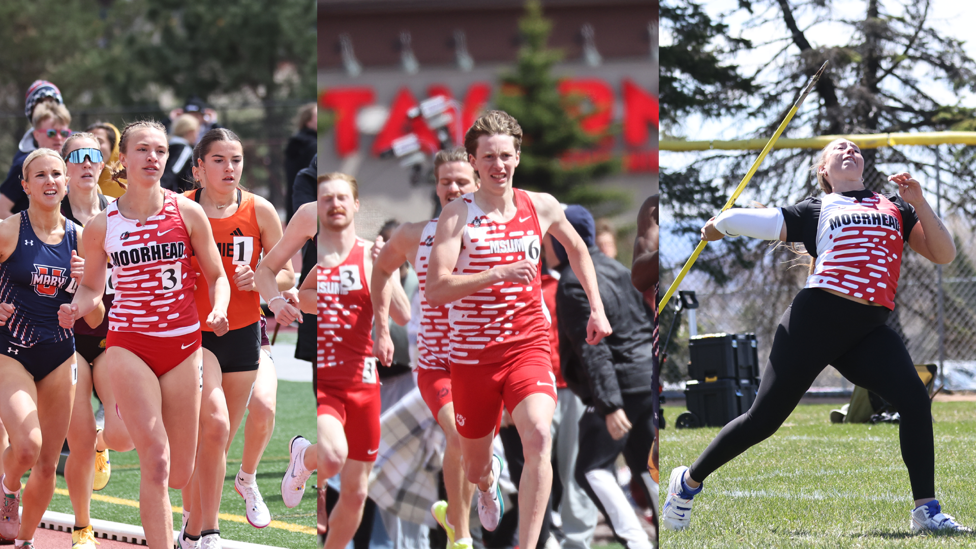 Katelyn Kennedy (left), Jared Gregoire (center) and Hailey Neumann (right) were three of MSUM's six all-conference performances on the final day of the NSIC Outdoor Championships