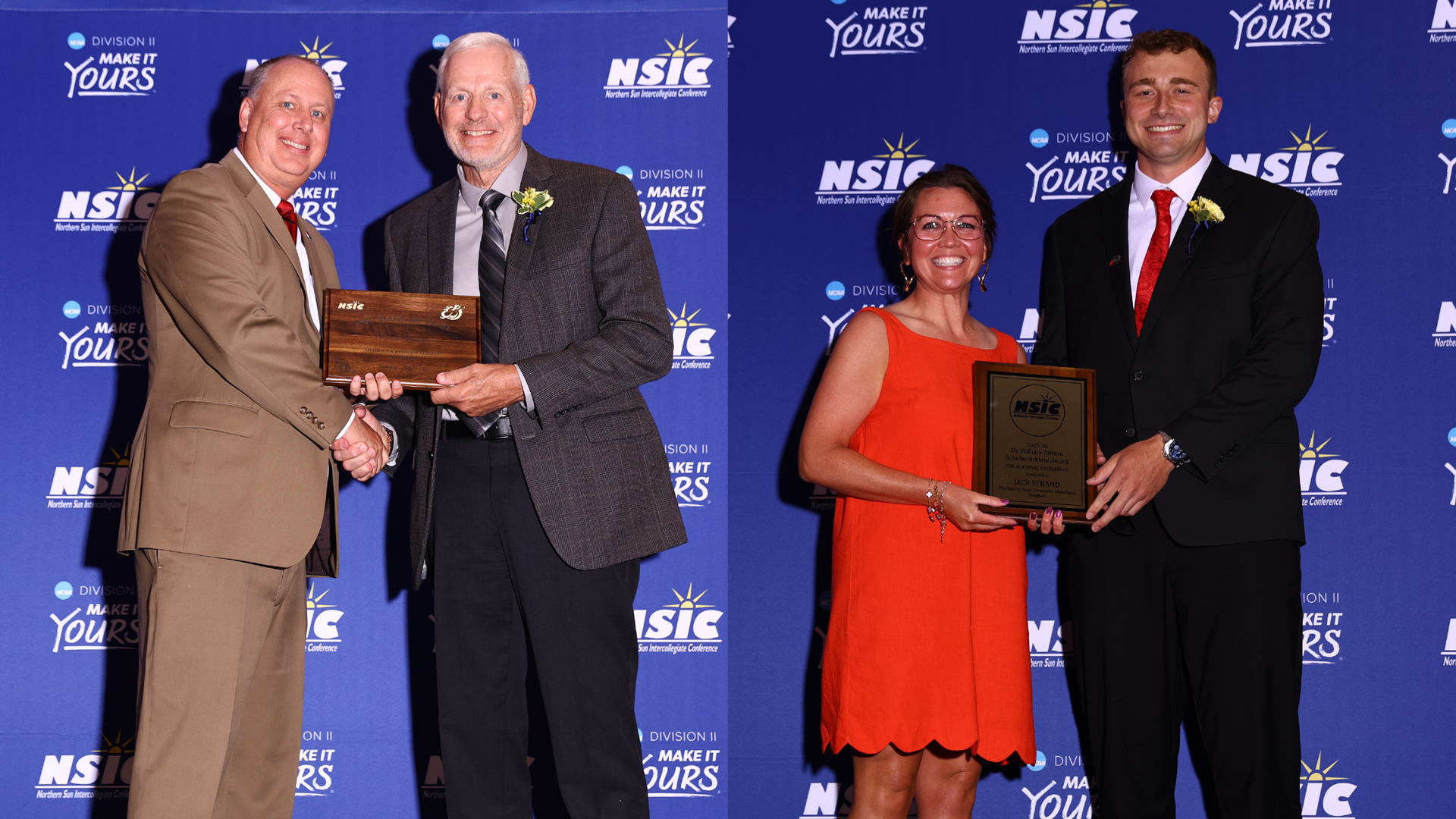 NSIC Hall of Fame Banquet 2026 - LEFT - Chad Markuson and Kevin Mulder at Mulder's NSIC Hall of Fame induction - RIGHT - Faculty Athletics Rep Dr. Julia Poplin and Jack Strand as Strand accepts Britton Award for Academic Excellence