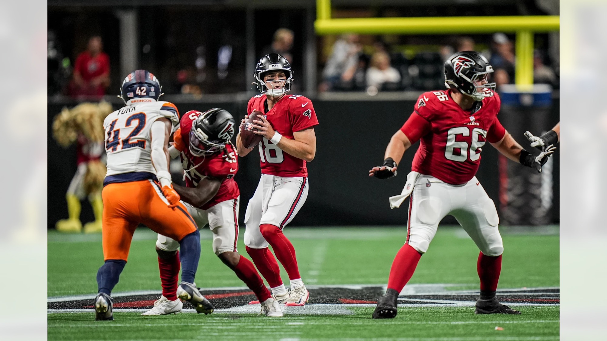 Former MSUM quarterback Jack Strand drops back to pass in his NFL preseason debut for the Atlanta Falcons against the Denver Broncos (Taylor McLaughlin/© 2026 Atlanta Falcons)