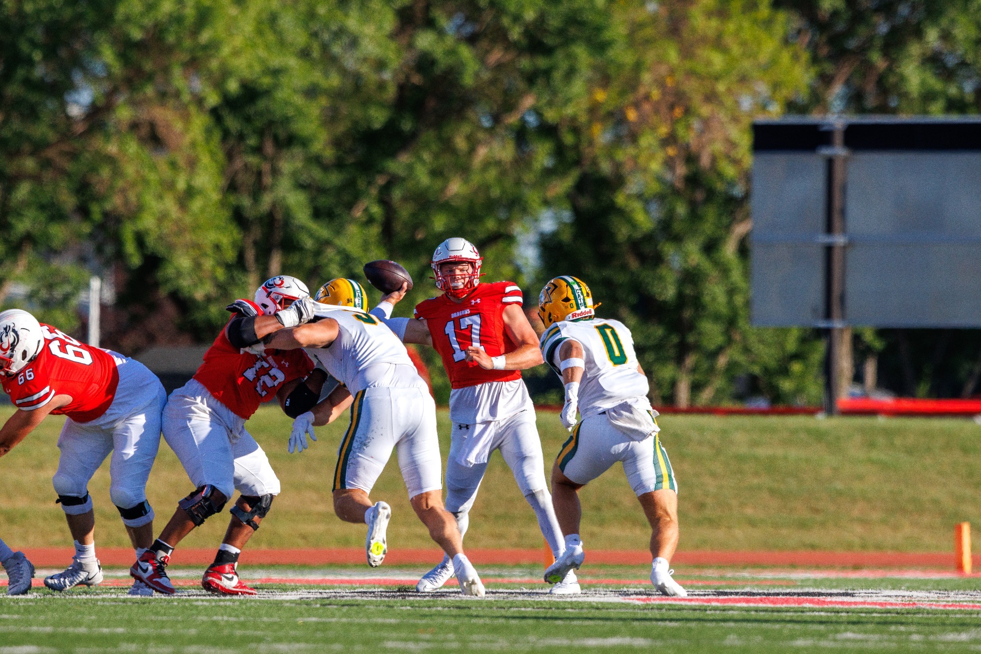 Drew Huebner racked up over 300 yards of offense and five touchdowns in MSUM's 41-19 victory over Northern Michigan. 